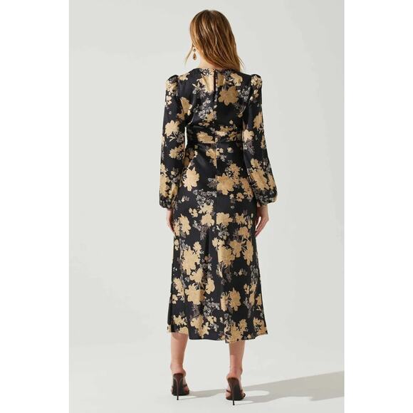 ASTR The Label Women's Suzy Satin Cutout Maxi Long Sleeve Dress in Navy Taupe - Picture 6 of 7